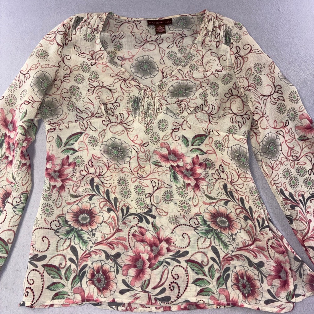 282 Bandolino Blouse Womens 14 Pink Floral Paisley Long Sleeve V-Neck Top